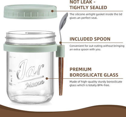 4 Pack Overnight Oats Containers with Lids and Spoons, 16 oz Glass Mason Jars with Airtight Lids, Overnight Oats Jars for Milk, Cereal, Fruit