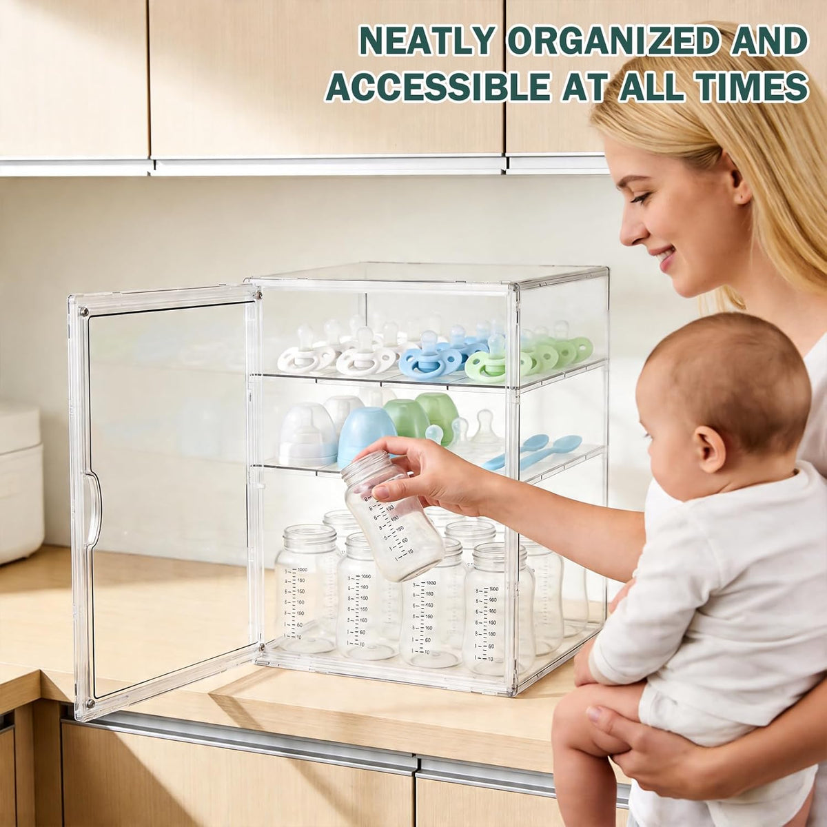 Baby Bottle Organizer, 3-Tier Bottle Storage for Countertop with Double Magnetic Doors, Clear Plastic Bottle Station Organizer Mom Gifts with 2 Dividers for Kitchen, Bathroom, Cabinet, Vanity