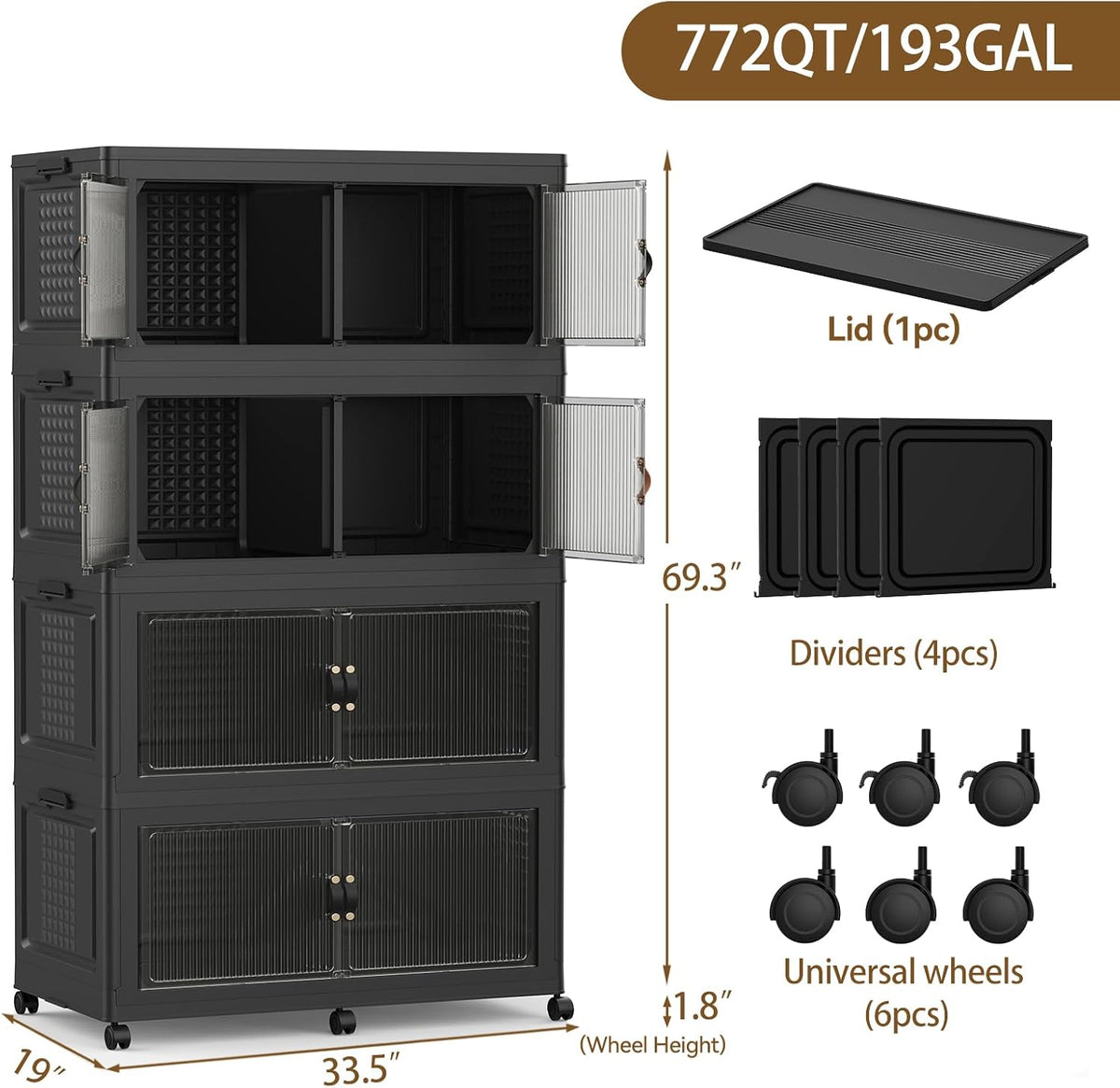 SAILUN 145Gal/580Qt Stackable Storage Bins Folding Collapsible Storage Bins with a Lid, Closet Organizers and Storage,White 26" W x 17" D x 71" H