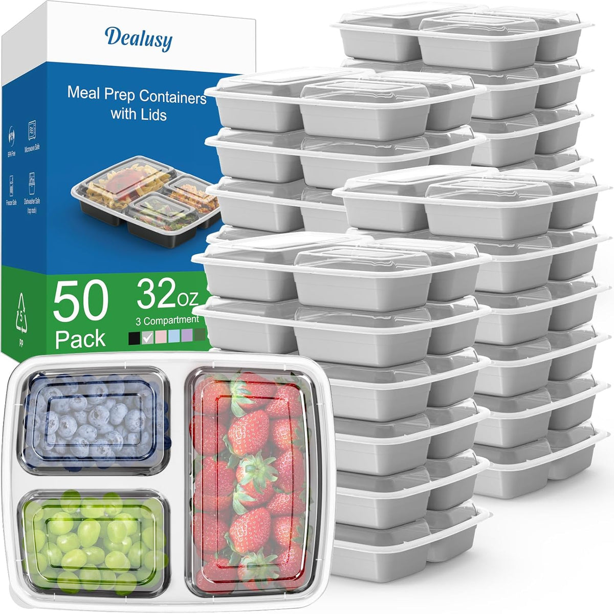 50 Pack (100-Piece) 32 oz Meal Prep Containers Reusable with Lids 3-Compartment, To Go Take Out Plastic Food Storage Containers, Sturdy Leakproof Food Safe, Microwave Freezer Dishwasher Safe, Black