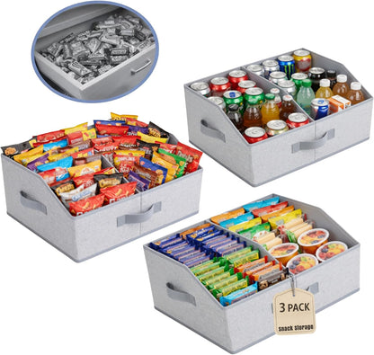3 Pack Snack Organizer for Countertop, Larger Compartments Hold More, Fabric Snack Organizer Bins with Handles, Sturdy Reinforced Design for Pantry, Cabinet, Living Room & Game Room