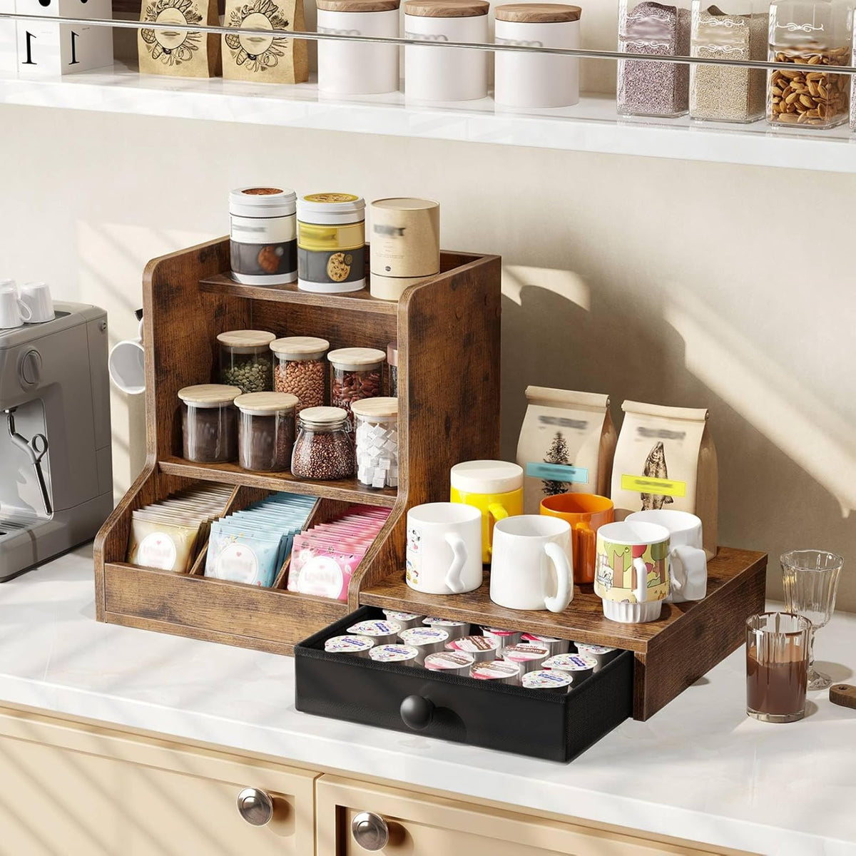 HOOBRO Coffee Mug Tree, Coffee Mug Cup Holder with Drawer for 25K-Cup Pods, Mug Display Stand with 2 Hooks, 3 Tier Mug Stand Rack for Countertop, Holds Syrup, Tea Bags, Rustic Brown and Black BF05CR01