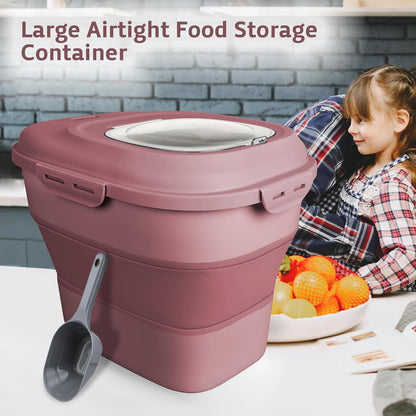 Komzon Rice Storage Bin Cereal Containers, 13-50lb Collapsible Rice Container Dispenser with Transparent Lid, Rolling Wheels, Measuring Cup and Scoop, Airtight Dog Cat Pet Food Storage Container Pink