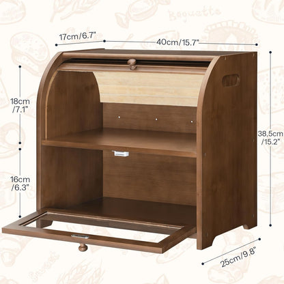 HOOBRO Bread Box, Bamboo Bread Box for Kitchen Countertop, 2 Tier Roll-Top Bread Bin, Food Storage Box, Large Capacity Keeper, Wooden Storage Cabinet, for Kitchen, Dining Room, Natural YL13MB01