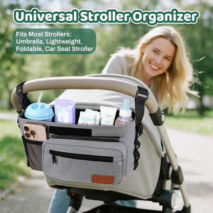Guiseapue Universal Stroller Organizer with Cup Holder: Baby Essentials, Stroller Caddy Accessories with Detachable Phone Bag, Non-Slip Straps, Fits for Uppababy, Baby Jogger, New Moms Baby Gifts