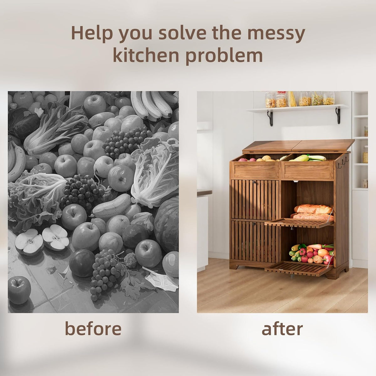 4 Tier Narrow Potato Storage Bin, Tall Wood Potato and Onion Storage Bin with Wheel, Movable Fruit and Vegetable Basket, Food Small Kitchen Pantry Cabinet, Wooden Bread Box, Walnut, Sliding Door