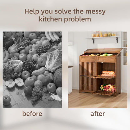 4 Tier Narrow Potato Storage Bin, Tall Wood Potato and Onion Storage Bin with Wheel, Movable Fruit and Vegetable Basket, Food Small Kitchen Pantry Cabinet, Wooden Bread Box, Walnut, Sliding Door