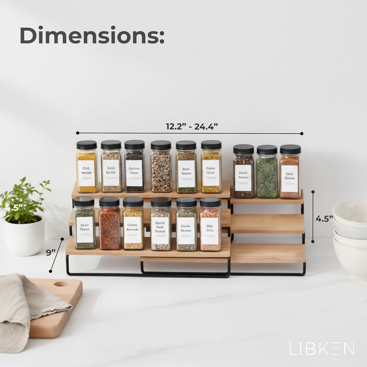 LIBKEN Tiered Spice Rack Organizer – Warm Gray Metal Countertop & Cabinet Spice Stand, Strong & Sturdy 3-Tier Shelf for Kitchen, Pantry, Seasoning Bottles – Minimal Scandinavian Design