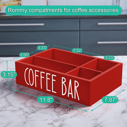 ALELION Coffee Station Organizer - Wood Countertop Accessories Organizer with Removable Dividers for Pods Condiment Syrup Tea Cups Stirrers - for Farmhouse Coffee Bar Decor