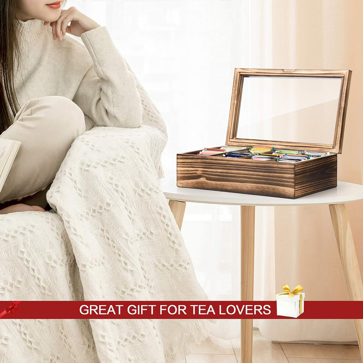 Alsonerbay Wooden Tea Box Tea Bag Holder Kitchen Storage Chest Box for Spice Pouches and Sugar Packets with 8 Compartments and Glass Window Weathered Black