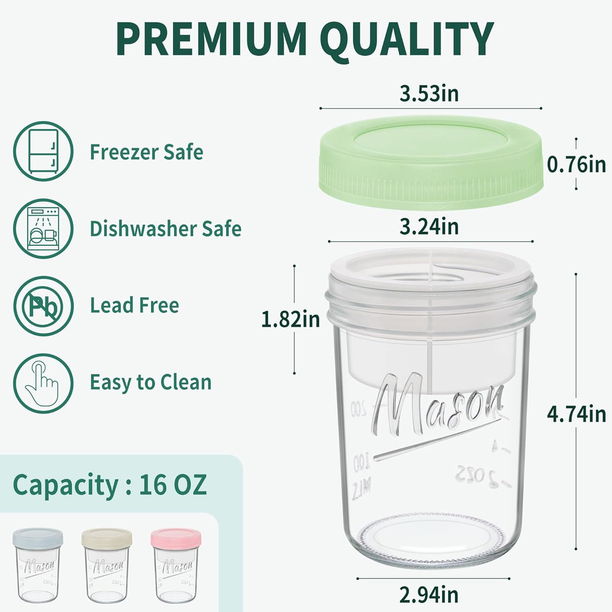 Xyptorix 16 oz Overnight Oats Containers with Lids, Leak-Proof Wide Mouth Mason Jars & Separate Compartments for Fruits/Nuts, Airtight Glass Jars for Chia Pudding, Yogurt, Parfait and Salad