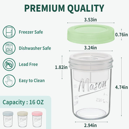 Xyptorix 16 oz Overnight Oats Containers with Lids, Leak-Proof Wide Mouth Mason Jars & Separate Compartments for Fruits/Nuts, Airtight Glass Jars for Chia Pudding, Yogurt, Parfait and Salad