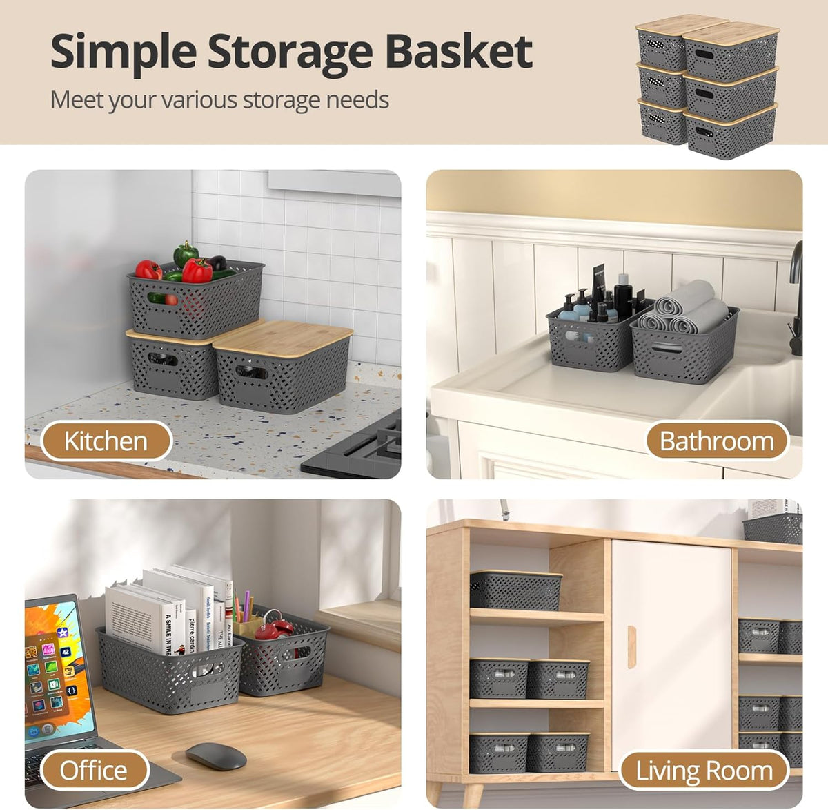 Plastic Storage Bins with Bamboo Lids, Stackable Small Box Baskets for Organizing and Containers for Shelves Drawers Desktop Closet Pantry Classroom Office Home, 6 Pack 10.2x7.2x4.1 Inch, Black