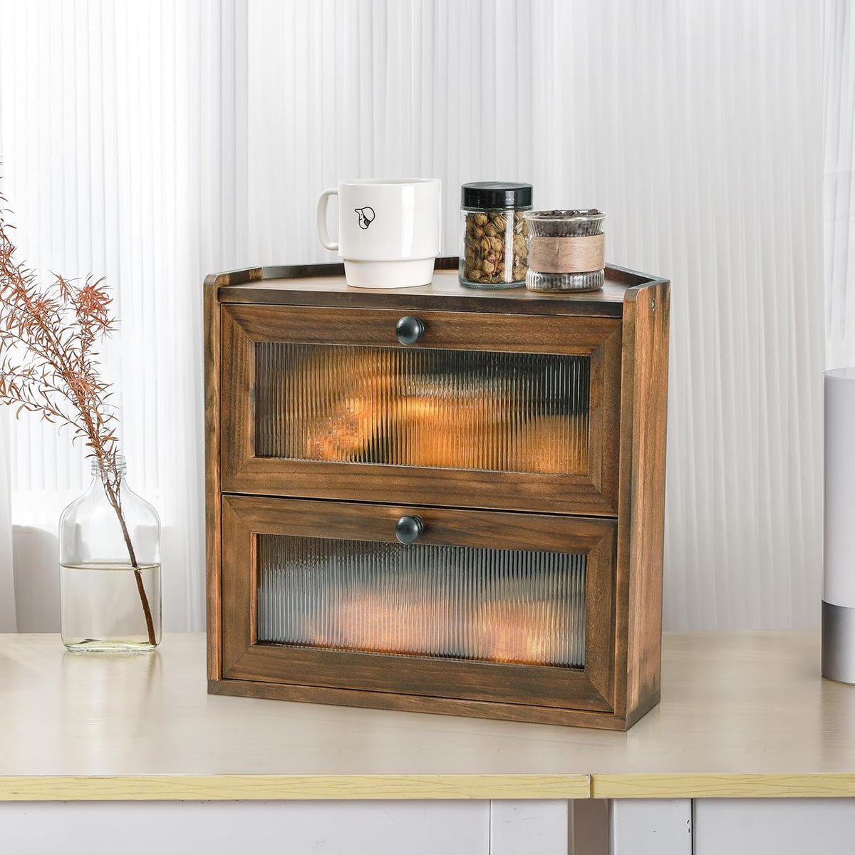 Sunhoo Bread Box for Kitchen Countertop Corner Large Wooden Bread Bin 2 Tier Rustic Food Storage Container with Acrylic Window Farmhouse Keeper Shelf Organizer for Loaves Pastries & Snacks (Brown)
