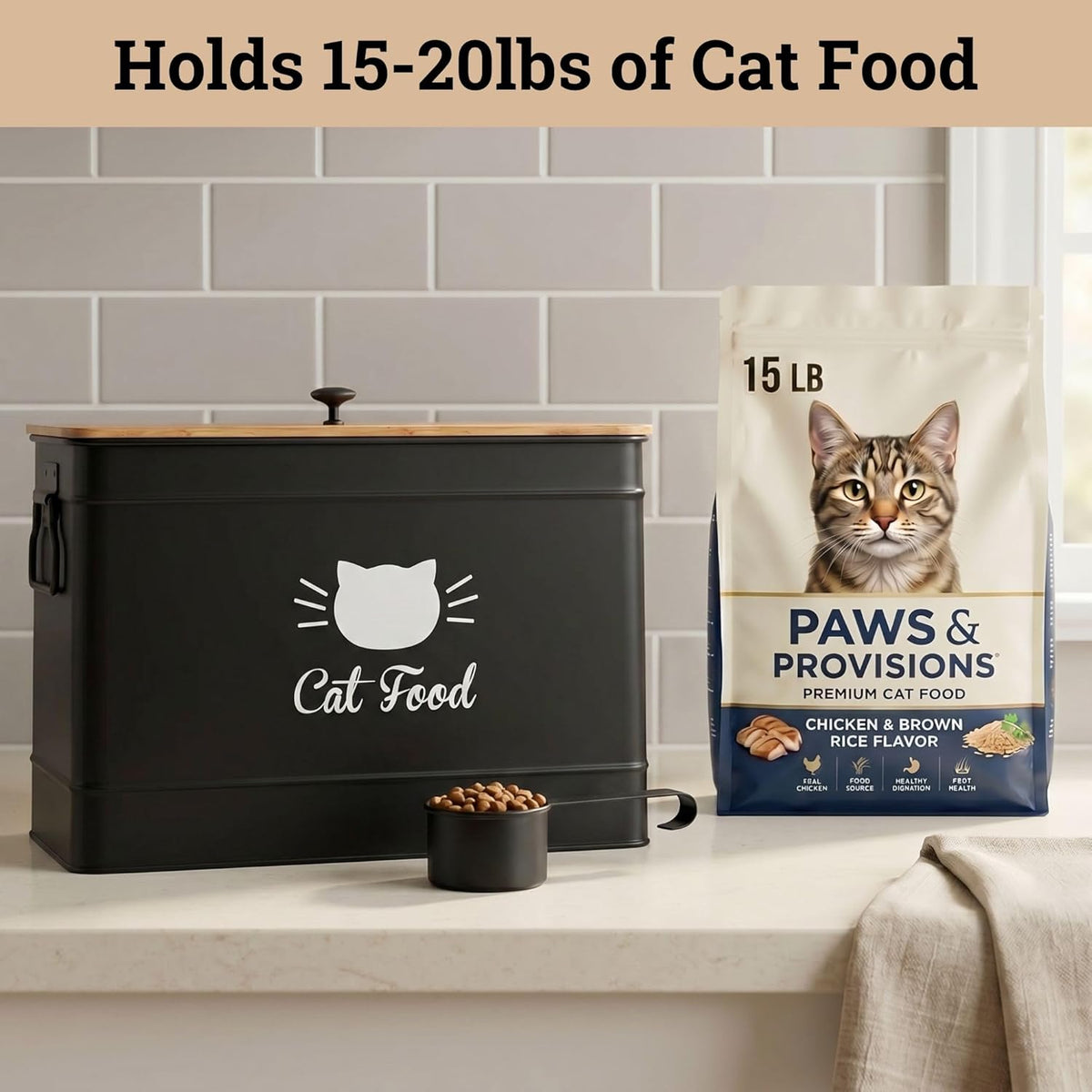 Cat Food Storage Container with Scoop - 15 lb (50 Cup) Capacity Metal Cat Food Container with Airtight Bamboo Lid & Metal Scoop - Airtight Pet Food Storage Containers - 15 lb Treats & Kibble Container
