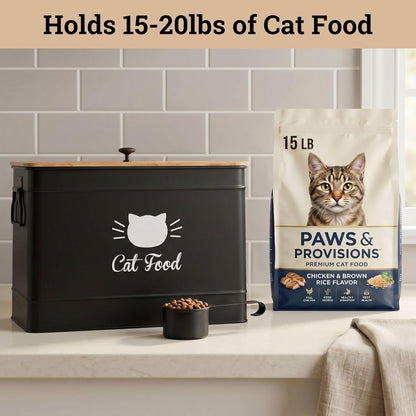 Cat Food Storage Container with Scoop - 15 lb (50 Cup) Capacity Metal Cat Food Container with Airtight Bamboo Lid & Metal Scoop - Airtight Pet Food Storage Containers - 15 lb Treats & Kibble Container