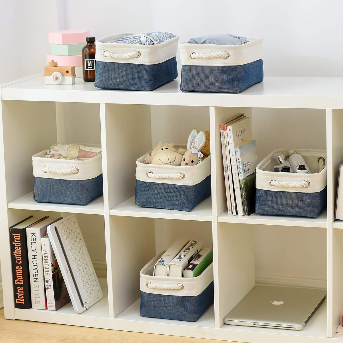 Fabric Storage Bins 12x8x5 inch [6-Pack] with Rope Handles - Decorative Baskets for Organizing