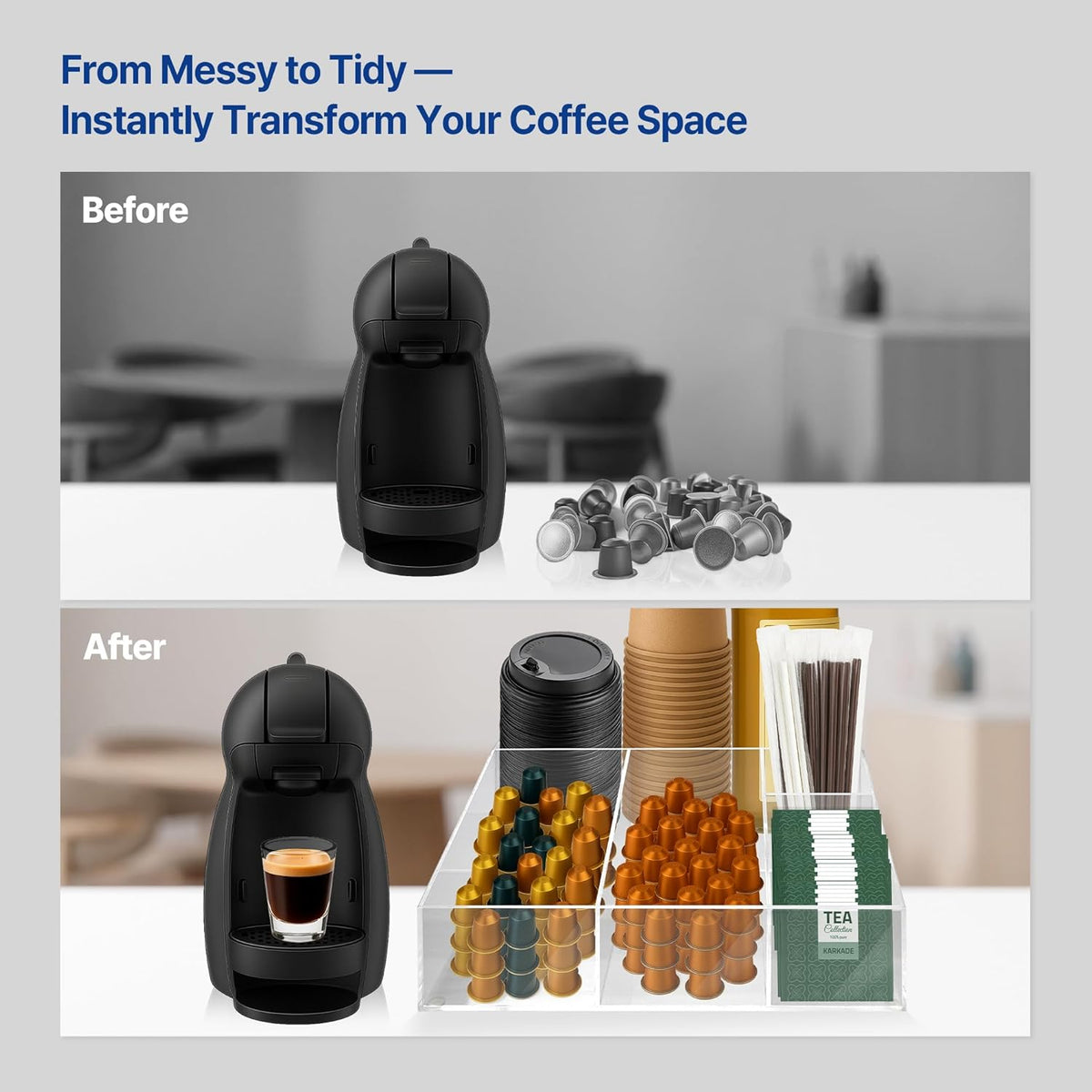 Coffee Bar Organizer for Countertop – Wooden Coffee Caddy with Compartments for Pods, Sugar Packets, and Accessories – Coffee Condiment Station Storage for Home and Office (Black)