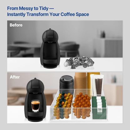 Coffee Bar Organizer for Countertop – Wooden Coffee Caddy with Compartments for Pods, Sugar Packets, and Accessories – Coffee Condiment Station Storage for Home and Office (Black)