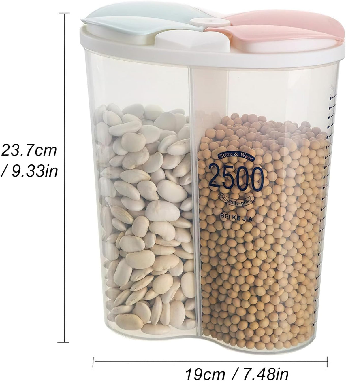Airtight Kitchen Food Storage Container, Leak-Proof BPA Free Plastic Plastic Dry Cereal Dispensers Containers with Durable Lids for Flour, Sugar, Rice (1500ml-3 Grid)