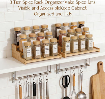 Spice Rack Organizer for Cabinet, 18in Bamboo Tiered Spice Rack，Used for Kitchen Countertops and Food Storage Room Organizer，Specially Designed for Jars and Spice Bottles(Bamboo, L)