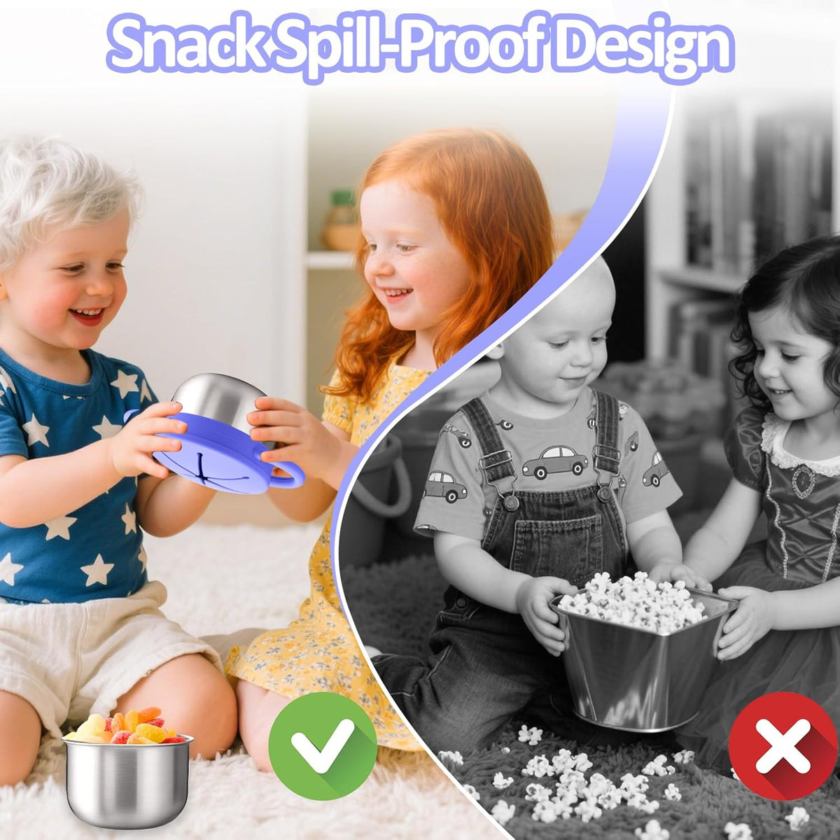 BUSOHA 2 Pack Stainless Steel Toddler Snack Cups - 9 OZ Spill-Proof Baby Snack Containers with Silicone Catcher and Lid Travel Snack Containers for Kids Food Grade Silicone Dishwasher Safe