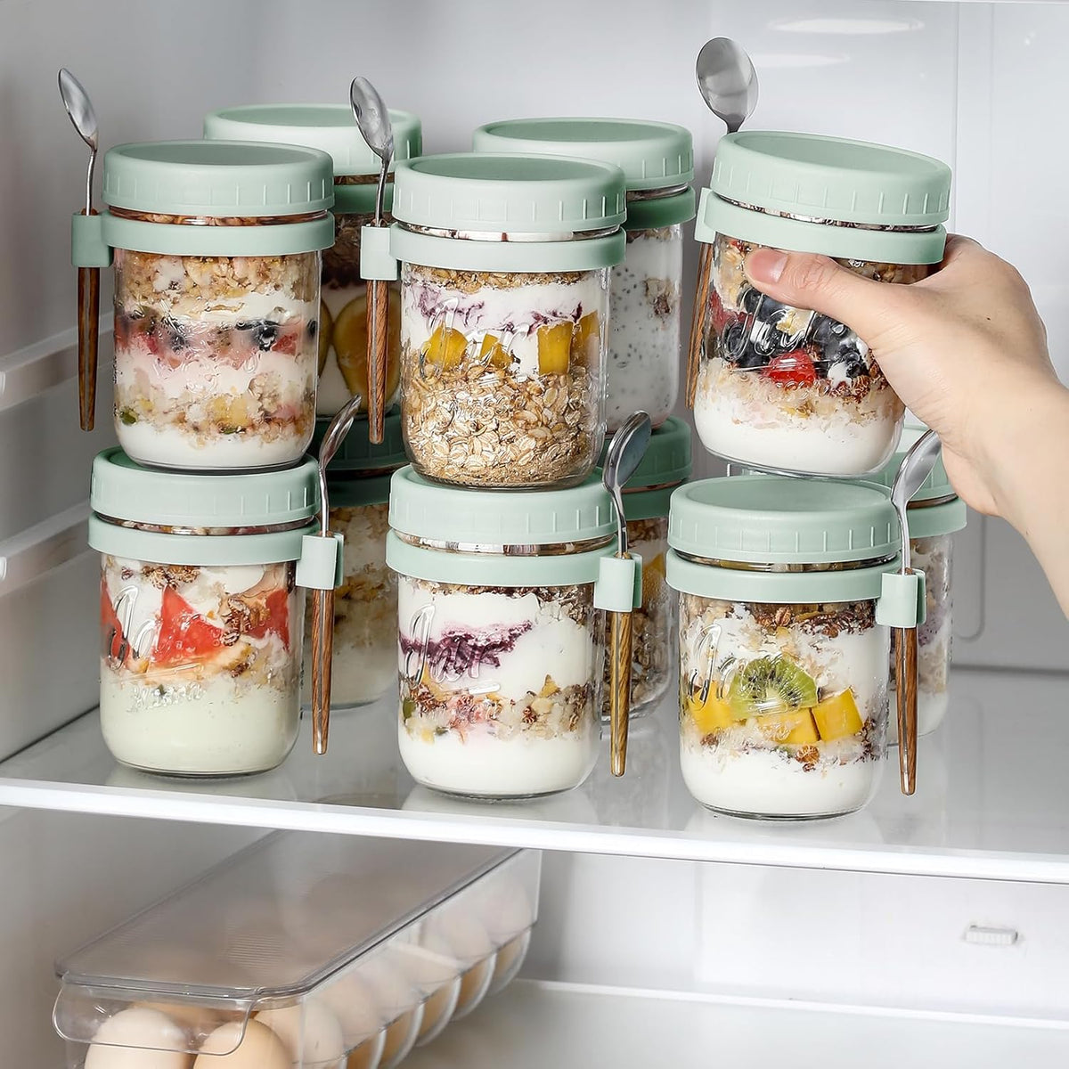 4 Pack Overnight Oats Containers with Lids and Spoons, 16 oz Glass Mason Jars with Airtight Lids, Overnight Oats Jars for Milk, Cereal, Fruit
