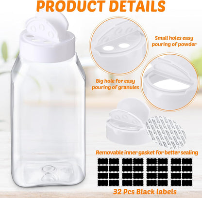 Mifoci 28 Pack 16 oz Plastic Spice Jars with Cap Square Plastic Bottle Containers with Shaker Lids and Stickers Large Seasoning Shaker Empty Powder Storage Container for Storing Salt Herbs (Black)