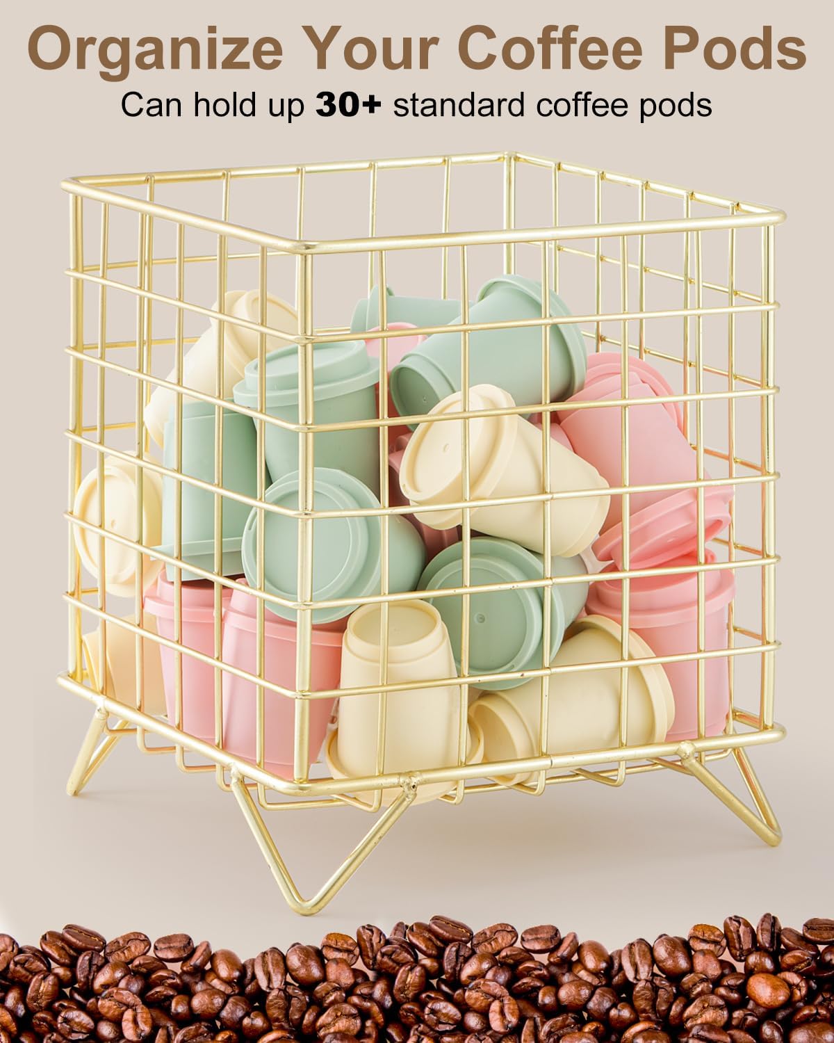 FantasyLife K Cup Holder Organizer, 5.3" x 5.3" x 6.3" Coffee Pod Storage Basket, Coffee Bar Accessories Metal Basket, Large Capacity Countertop Organizer for Kitchen Counter & Office Desktop (Gold)