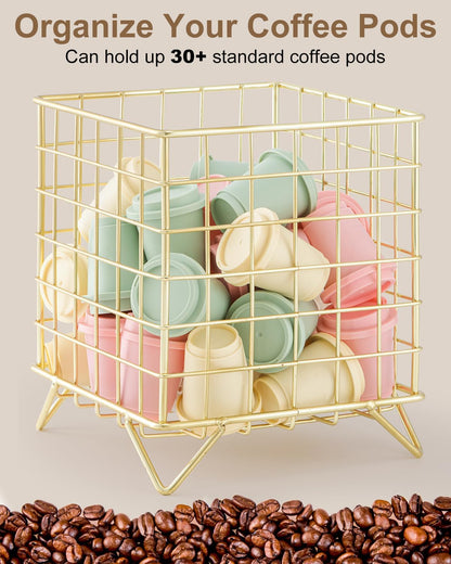 FantasyLife K Cup Holder Organizer, 5.3" x 5.3" x 6.3" Coffee Pod Storage Basket, Coffee Bar Accessories Metal Basket, Large Capacity Countertop Organizer for Kitchen Counter & Office Desktop (Gold)