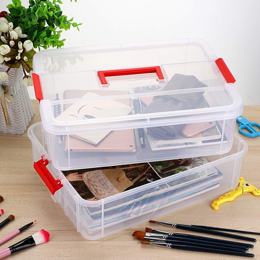 BTSKY 2 Layer Stack & Carry Box, Plastic Multipurpose Portable Storage Container Box Handled Organizer Storage Box for Organizing Stationery, Sewing, Art Craft, Jewelry and Beauty Supplies(Purple)