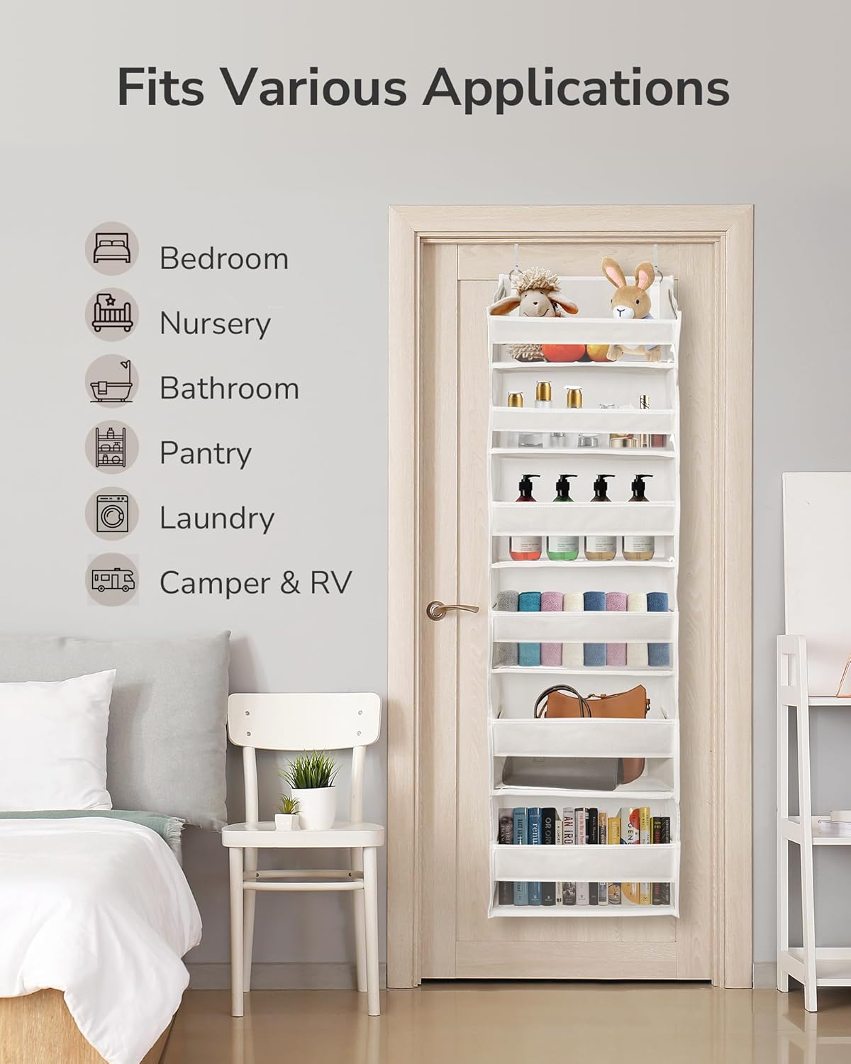 ULG Over The Door Organizer with 6 Large Pockets 12 Side Pockets, 50lbs Weight Capacity Door Hanging Organizer for Bedroom, Bathroom, Pantry, Nursery Storage, Beige