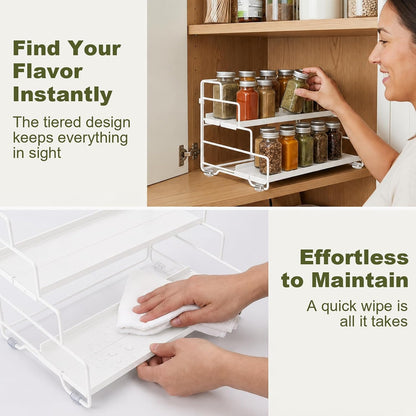 Spice Rack Organizer for Cabinet, Tiered Adjustable Spice Shelf Organization, Metal Seasoning Rack for Kitchen Countertop Cupboard Pantry, Raised Edge Anti-Slip Design for Jars and Bottles