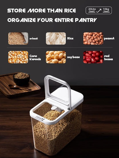 LivLab Mker 20-25 lbs Rice Dispenser with measuring spoon - 11.4Qt/12L Large Airtight Food Storage Rice Container for Cereal, Flour - BPA-Free PET, Slim Space-Saving