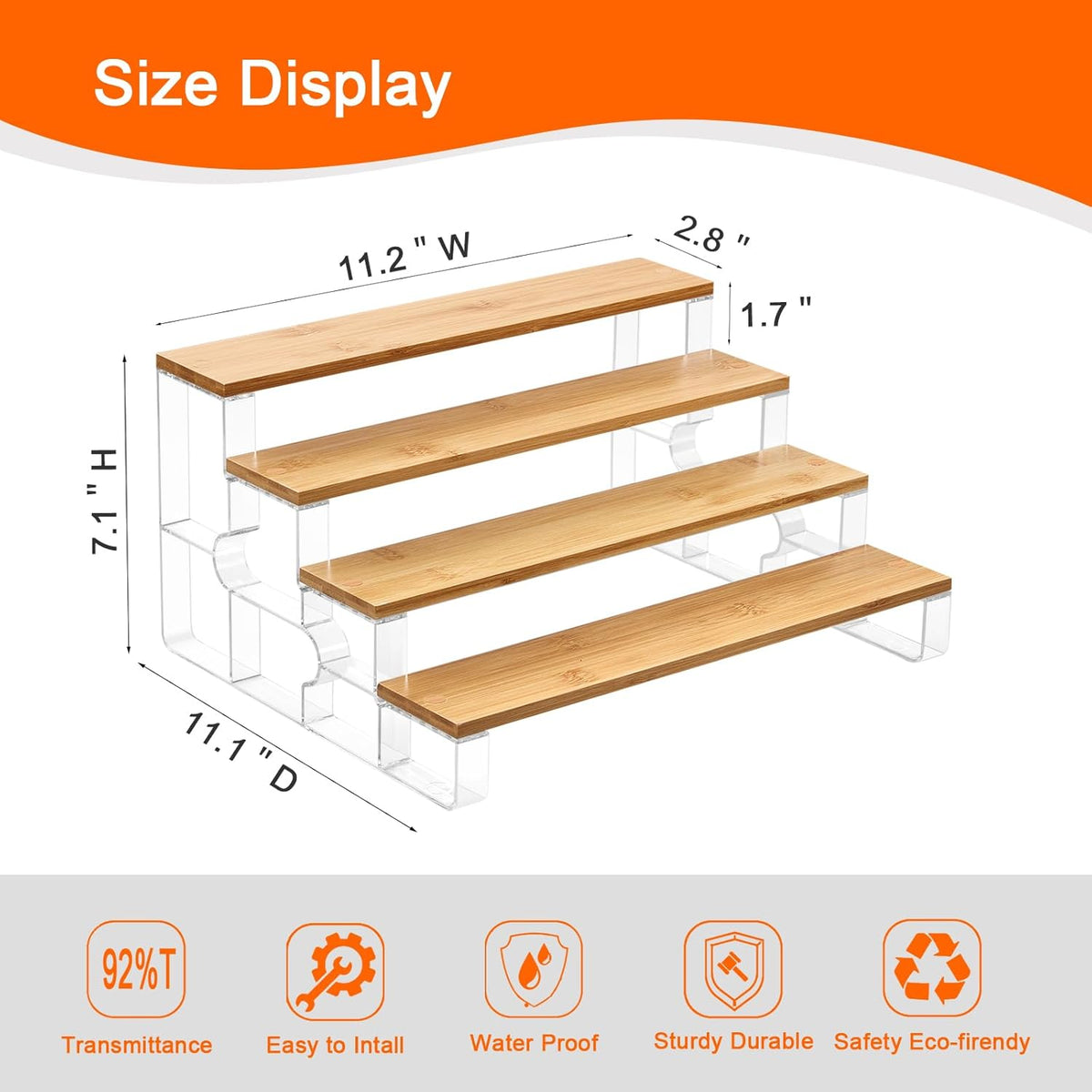 junyuan Spice Rack Organizer for Cabinet,3 Tier Spice Organization for Kitchen,Bathroom Organizers and Storage,Seasoning Countertop Shelf,Bamboo Display Shelves Racks,Clear 11.2"
