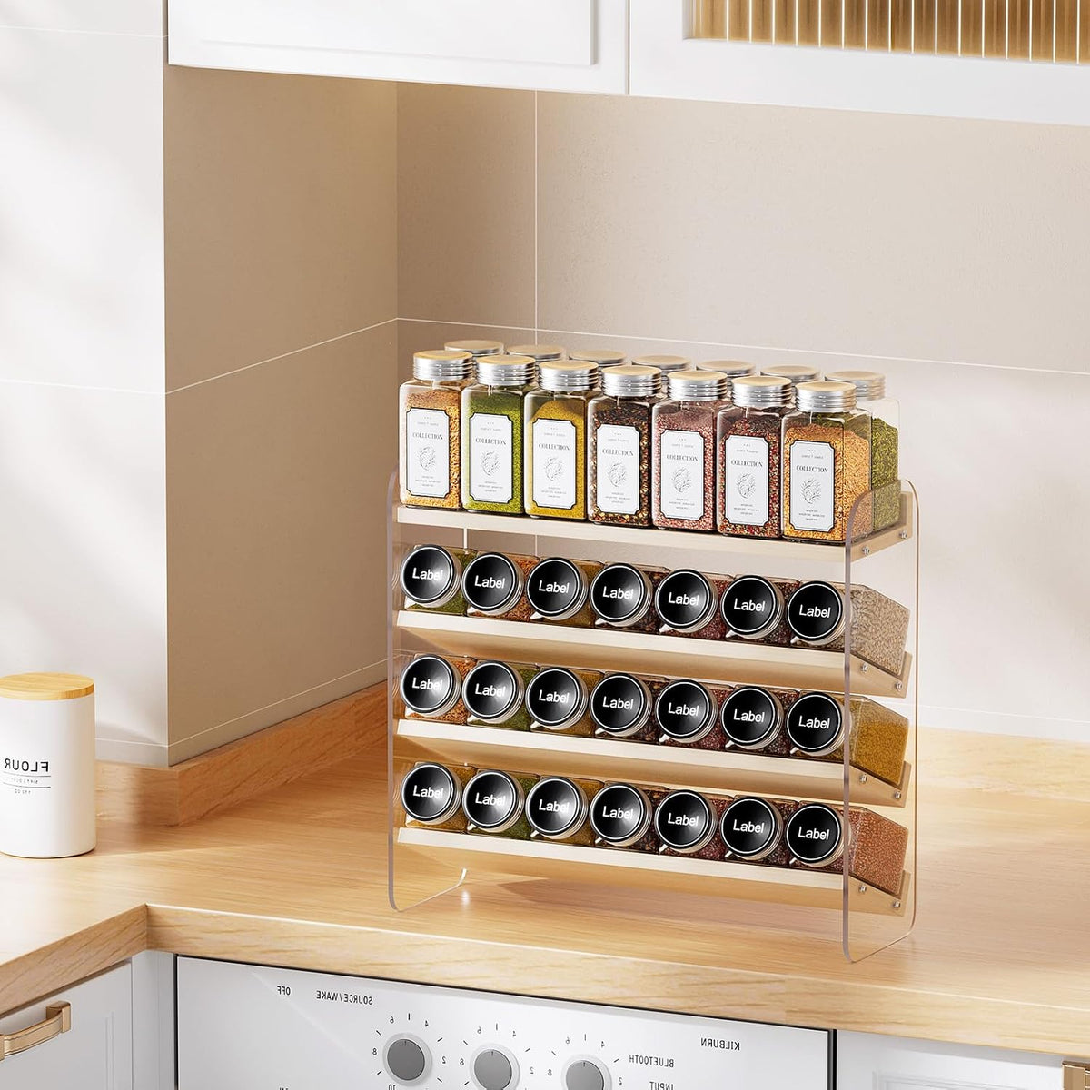 MUDEELA 4 Tier Spice Rack Organizer for Cabinet,Wooden Vertical Spice Shelf, Seasoning Organizer for Countertop, Kitchen, Pantry, Freestanding, 13.4" W × 11.2" H (No Jars Included), White