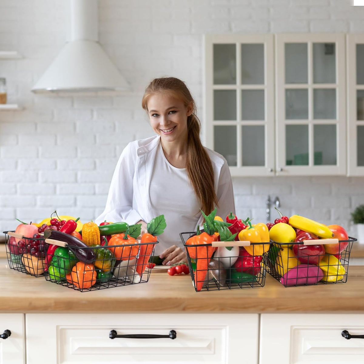 Black Wire Storage Baskets with Wooden Handles - Organizing Pantry and Kitchen Cabinets - Metal Wire Food Storage Basket