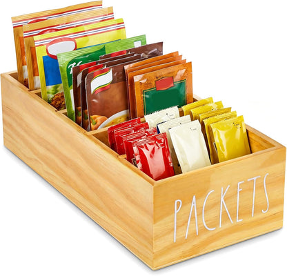 Seasoning Packet Organizer, Spice Packet Storage Organizer with 5 Compartments, Wooden Food Packet Organizer, Caddy Storage for Kitchen Pantry Cabinet, Modern Kitchen Organization Bins(Black)