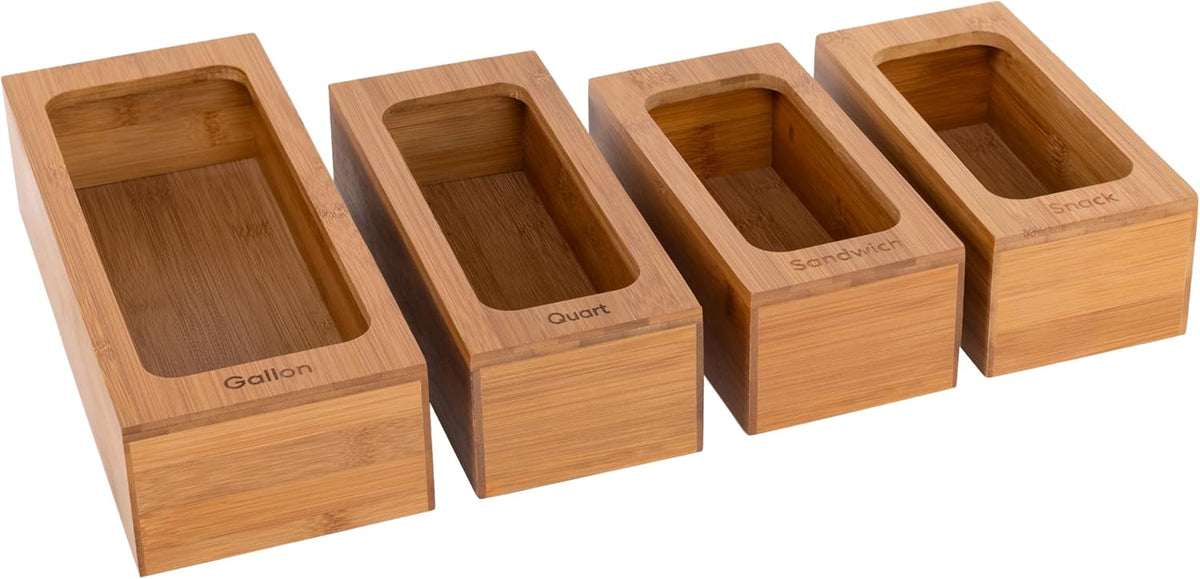 Seville Classics Bamboo Premium Organizer Storage Bins for Kitchen Silverware, Pantry, Closet, Office Desk, Pens, Utensils, Makeup, K Cup, Bamboo, Bag Holder Bin Set