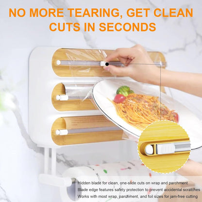 4in1 Plastic Wrap Dispenser with Cutter Aluminum Foil Organizer Wrapping Paper Storage and Kitchen Towel Holder Ideal for Kitchen Organization and Countertop Space Saving