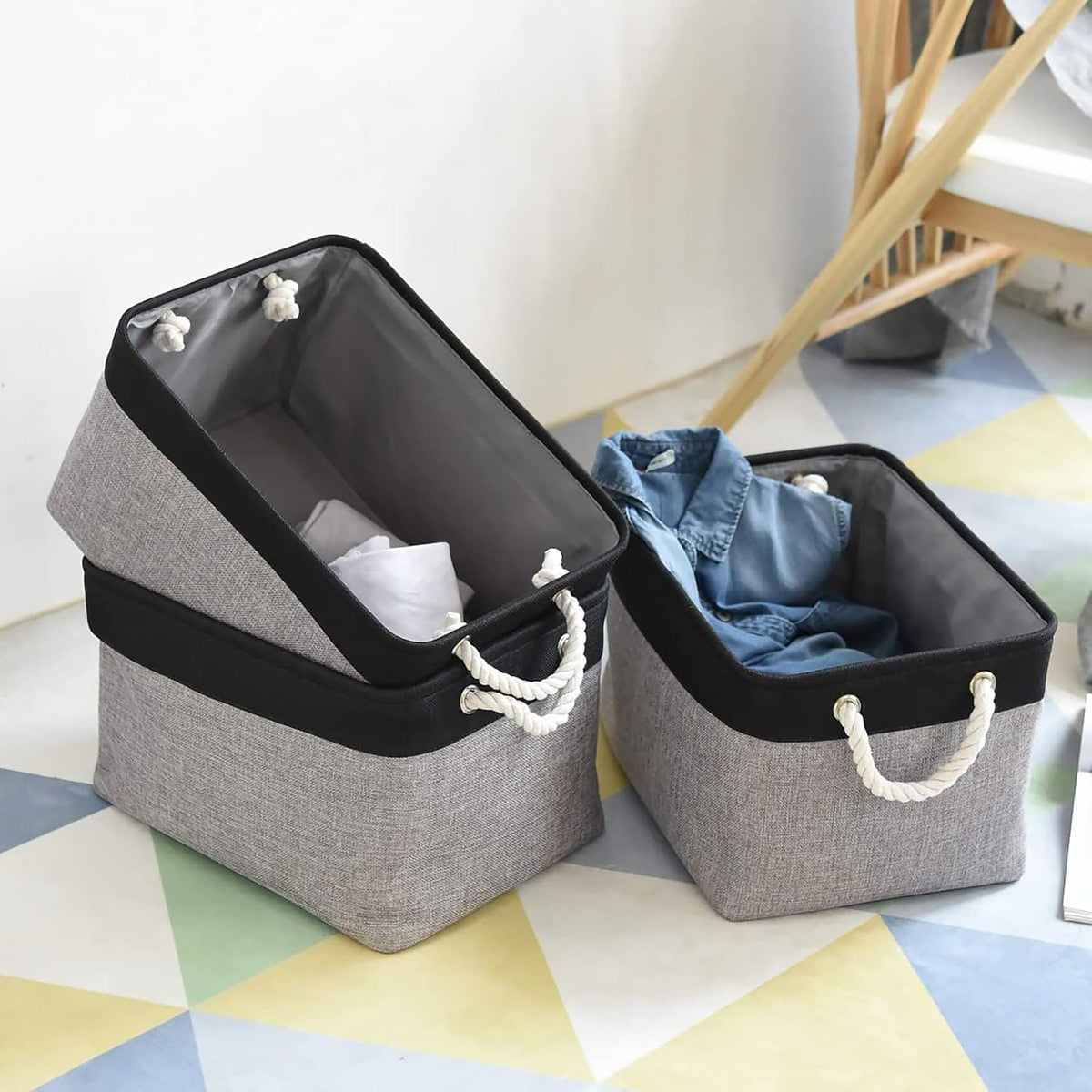 Fabric Storage Bins 12x8x5 inch [6-Pack] with Rope Handles - Decorative Baskets for Organizing