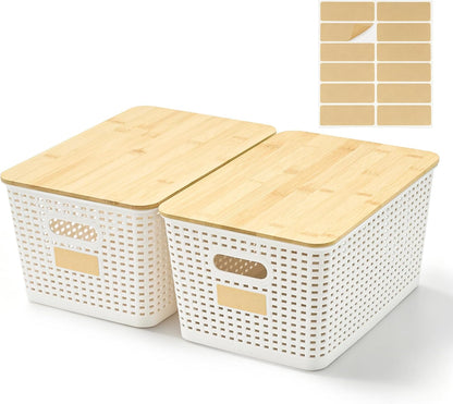 Bagnizer Small Plastic Storage Bins with Bamboo Lids 5.2qt Stackable Box Basket Pantry Decorative Containers Cute with Labels for Organizing Desktop Closet Office Cream White of 10*7.2*4.1"