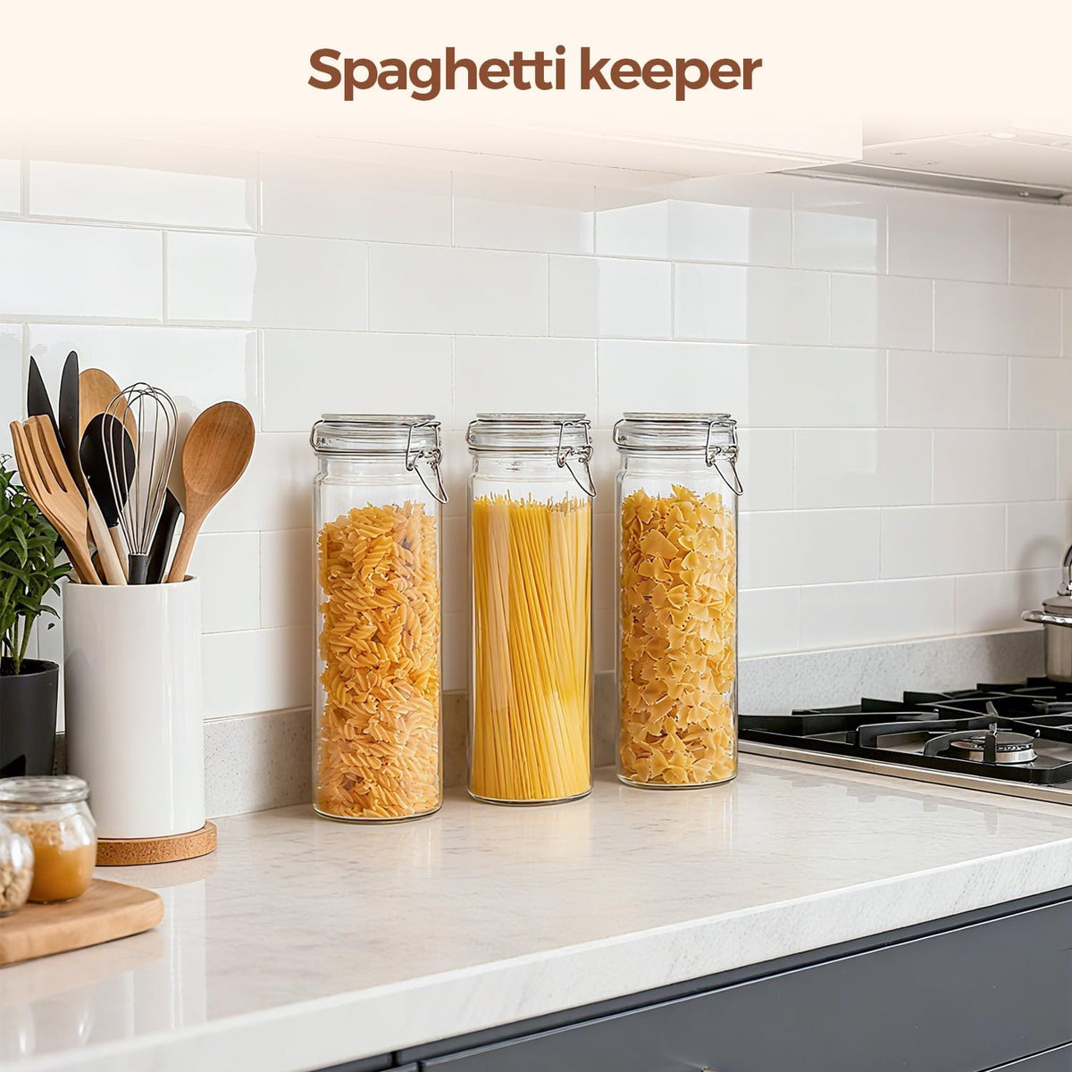 ComSaf 3-Pack 68oz 13-Inch Tall Glass Pasta Containers for Spaghetti & Long Pasta, Slender Airtight Canisters for Vertical Pantry Organization, Food Storage Jars for Linguine & Breadsticks
