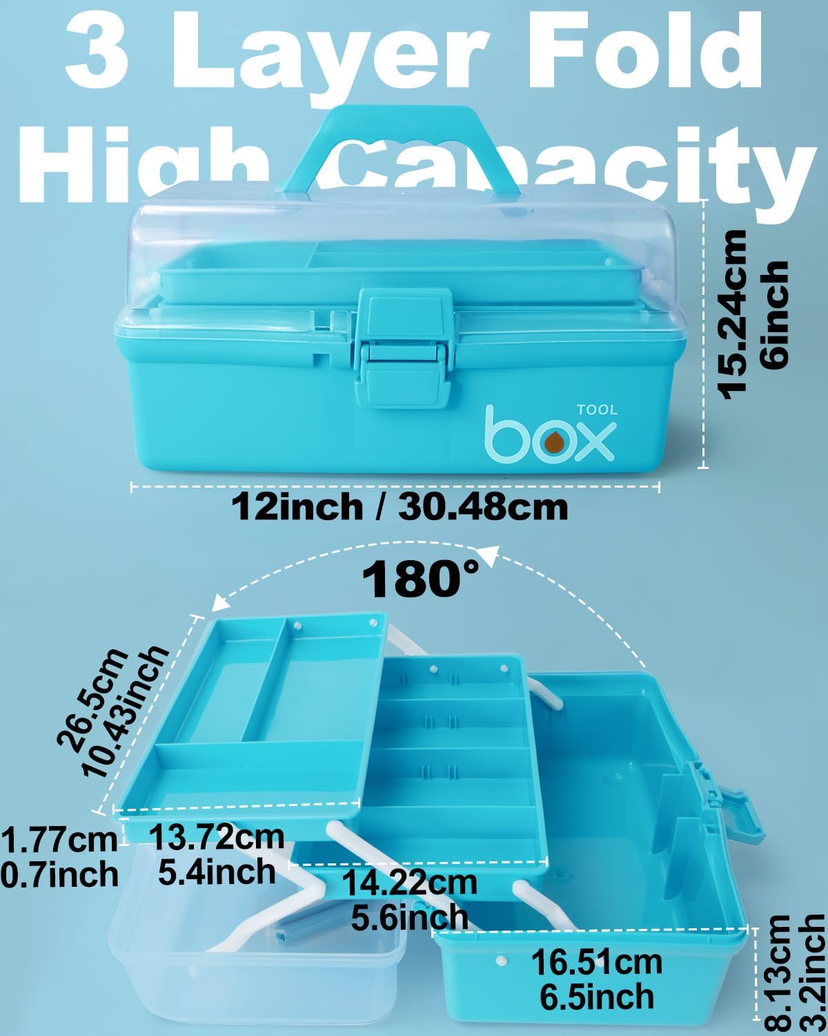 TERGOO 12in 3-Layer Plastic Craft Organizers and Storage, Portable Folding Tackle Box with Handle & Adjustable Dividers, Multipurpose Case for Sewing, Art Supplies, Medicine, Tools (Blue)
