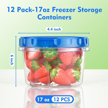 BiuLeon 12 Pack- 34/24/17oz Freezer Storage Containers, Plastic Food Storage Containers with Twist Top Lids, BPA Free and Reusable Soup Containers with Lids, Leakproof/Microwave/Dishwasher Safe
