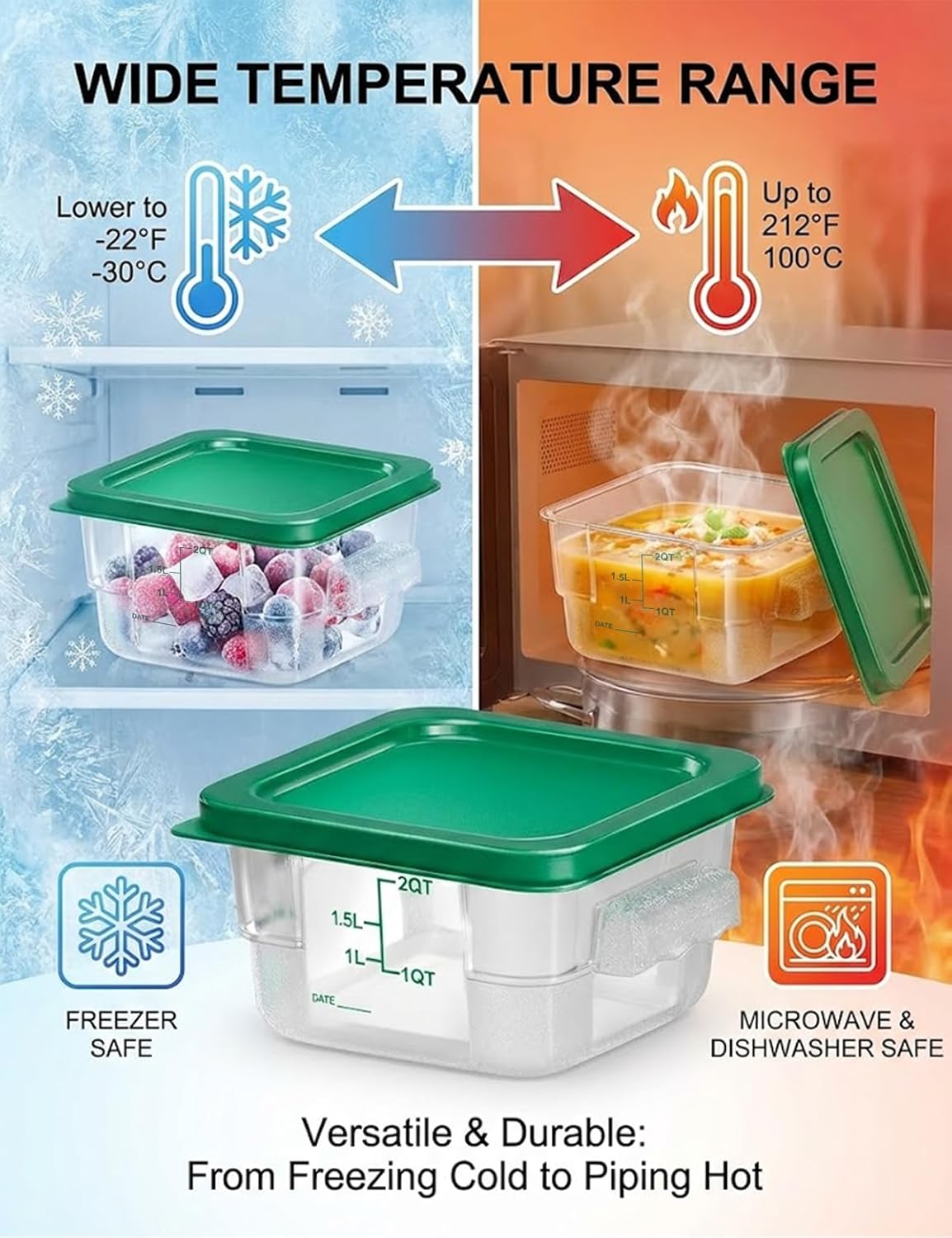 4 Pack 4QT Food Storage Containers with Green Lids, Clear Square Restaurant Commercial Food Storage Containers with Handle and Scale, Marinating Container Dough Rising Bucket for Home & Dining