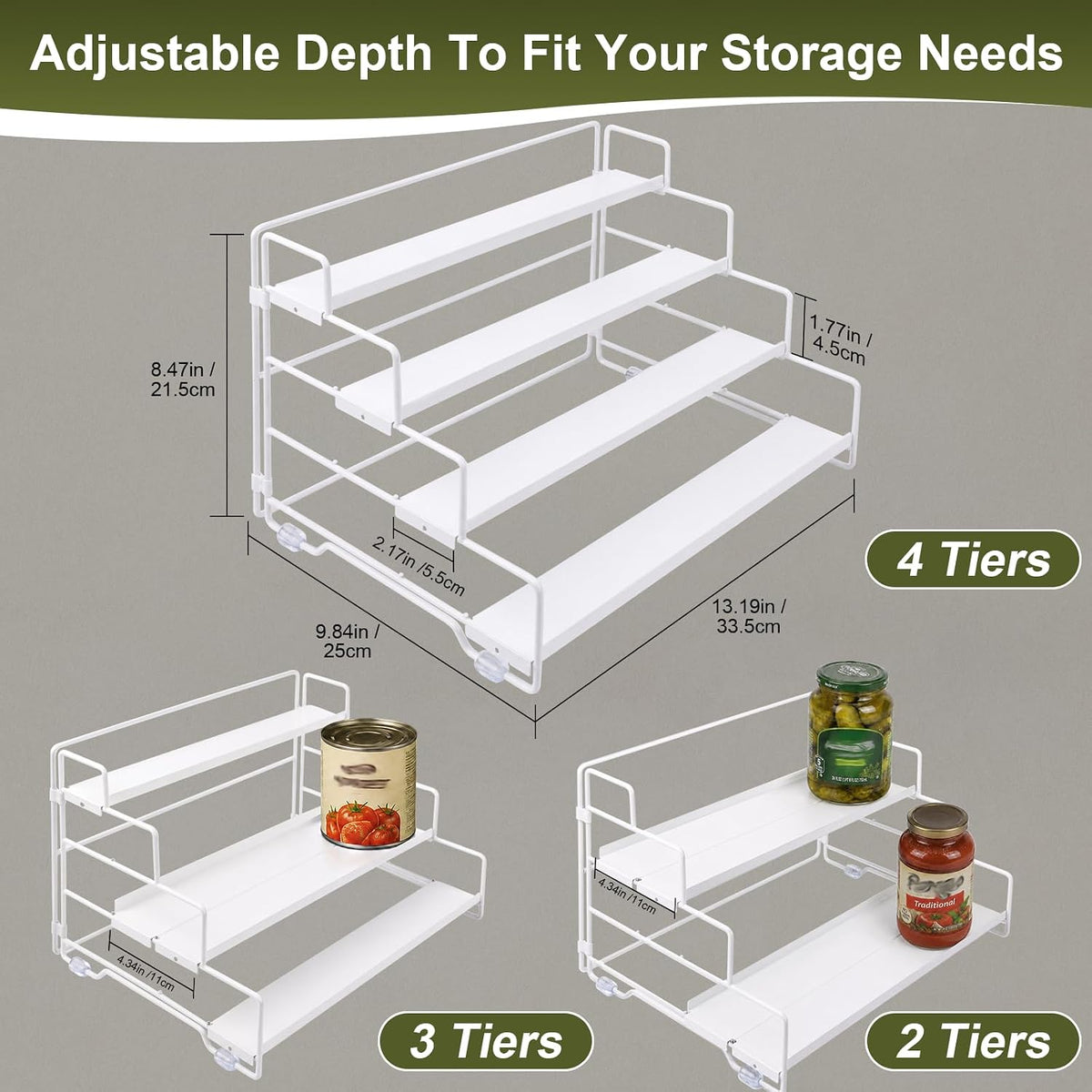 Spice Rack Organizer for Cabinet, Tiered Adjustable Spice Shelf Organization, Metal Seasoning Rack for Kitchen Countertop Cupboard Pantry, Raised Edge Anti-Slip Design for Jars and Bottles