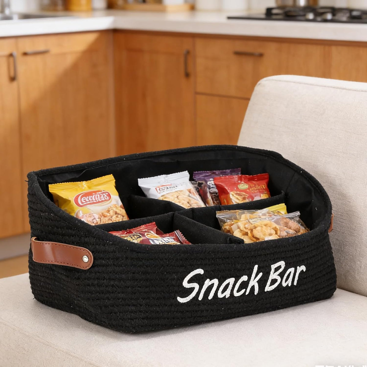 Snack Organizer for Pantry, Trapezoid Snack Organizer with Handles, 5 Compartment snack basket snack bar organizer, Cotton Rope Storage Basket for Kitchen Pantry Organization and Storage-Black