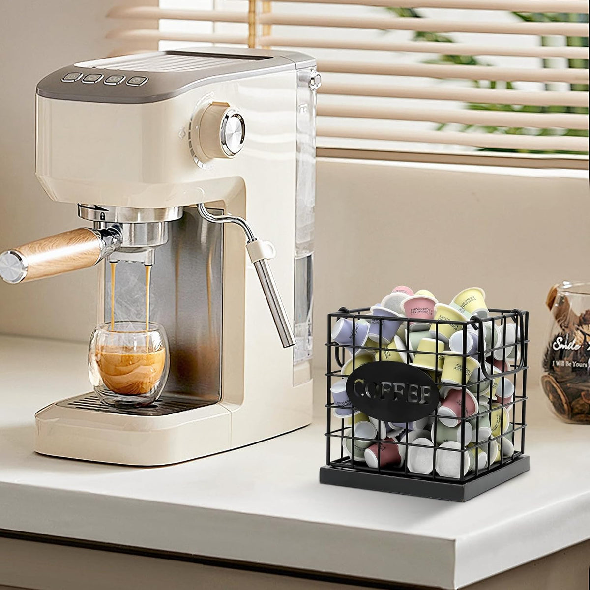 Coffee Pod Holder Organizer,Large Capacity K Cup Holder Organizer, Storage Basket for Kitchen Countertop Office Coffee Bar with Wooden Base(Rustic Brown-Square)