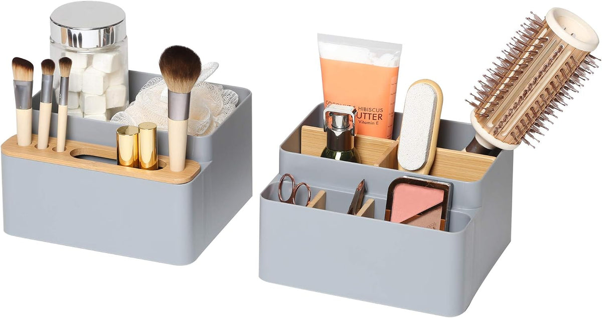 Seville Classics Bamboo Premium Organizer Storage Bins for Kitchen Silverware, Pantry, Closet, Office Desk, Pens, Utensils, Makeup, K Cup, Bamboo, Bag Holder Bin Set